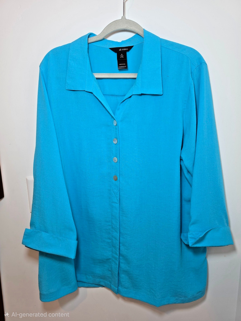 Ali Miles Turquoise Collared Tunic Blous XL Mother of Pearl Button Back
